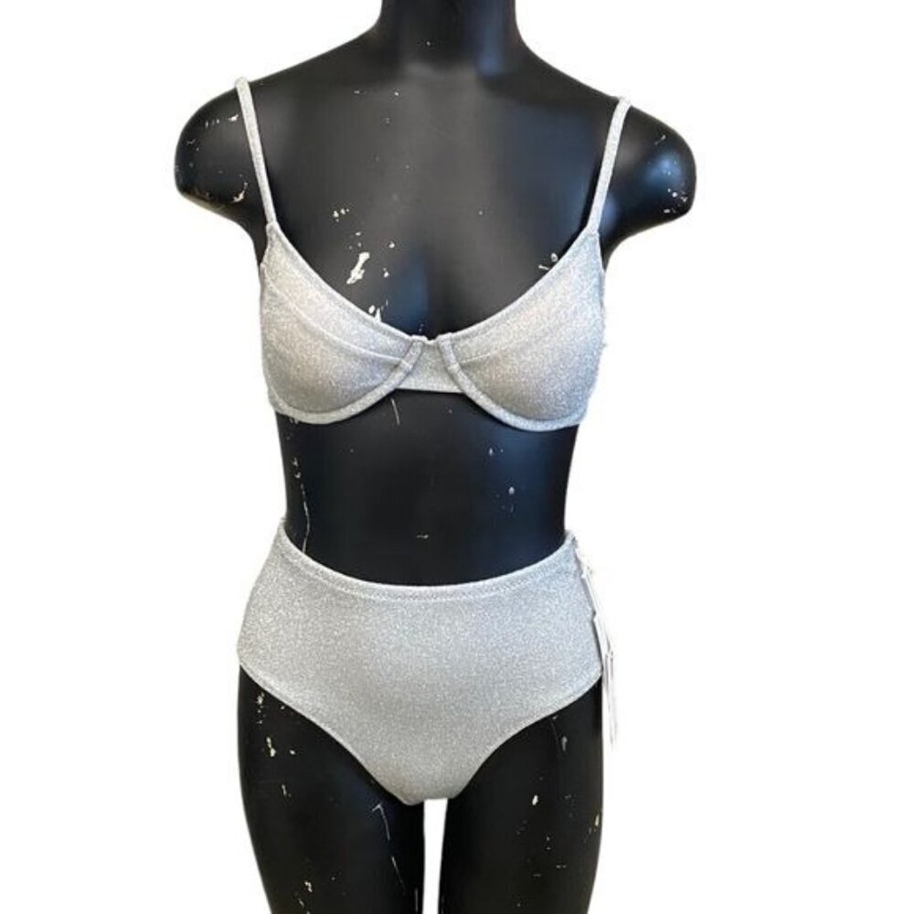 Good American 2pc Silver Sparkle Swimsuit Bikini Size 3 = L